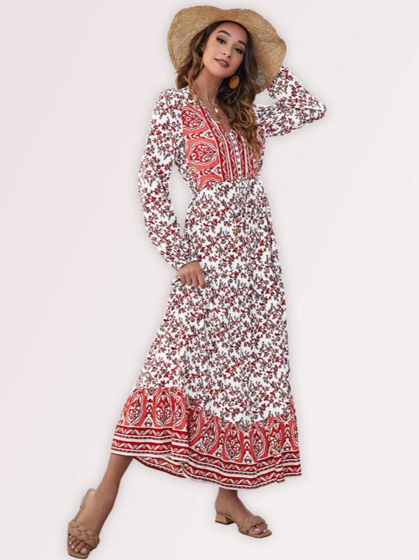 Maxi Jurk met V-hals en Bloemenprint - Mini Dresses - Jurkjes.co