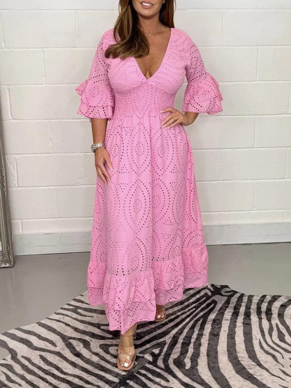 Maxi Jurk met V-hals en Eyelet Patroon - Mini Dresses - Jurkjes.co