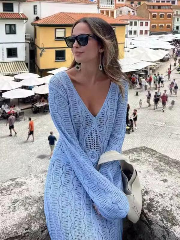 Maxi Jurk met V-hals en Gebreide Structuur - Midi Dresses - Jurkjes.co