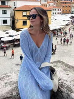 Maxi Jurk met V-hals en Gebreide Structuur - Midi Dresses - Jurkjes.co