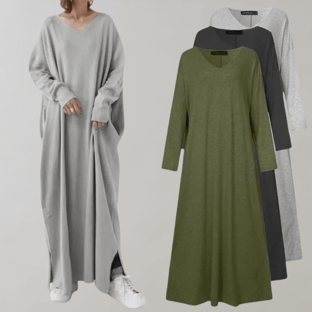 Maxi Jurk met V-hals en Gedropte Schouder - CB- Dresses - Jurkjes.co