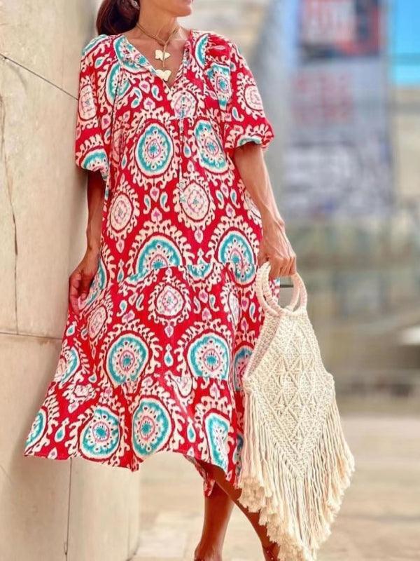 Maxi Jurk met V-hals en Geometrisch Patroon - Maxi Dresses - Jurkjes.co