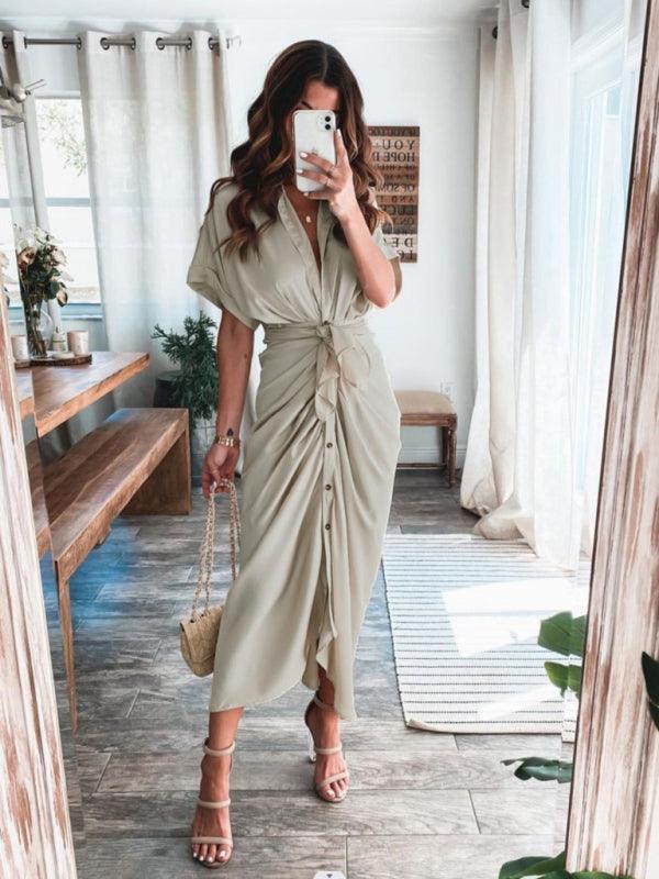 Maxi Jurk met V-hals en Geplooid Detail - Maxi Dresses - Jurkjes.co
