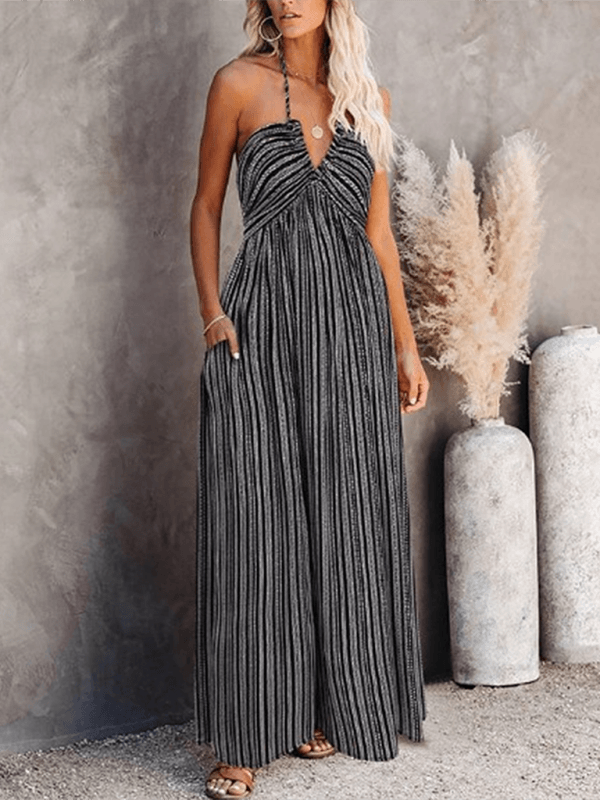 Maxi Jurk met V-hals en Gestreept Design - Maxi Dresses - Jurkjes.co
