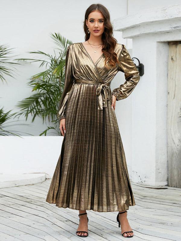 Maxi Jurk met V-hals en Glanzende Afwerking - Maxi Dresses - Jurkjes.co