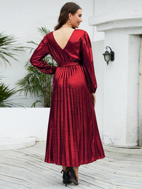 Maxi Jurk met V-hals en Glanzende Afwerking - Maxi Dresses - Jurkjes.co