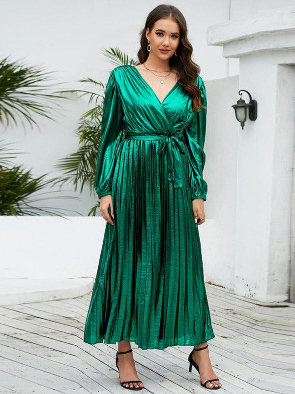 Maxi Jurk met V-hals en Glanzende Afwerking - Maxi Dresses - Jurkjes.co