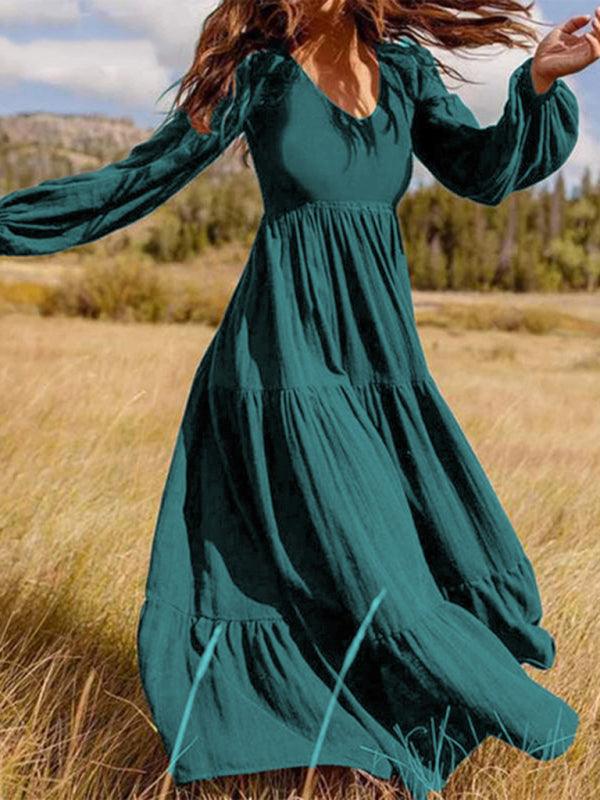 Maxi Jurk met V-hals en Lange Mouwen - Maxi Dresses - Jurkjes.co
