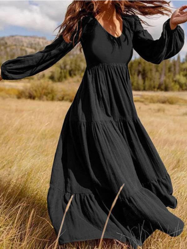 Maxi Jurk met V-hals en Lange Mouwen - Maxi Dresses - Jurkjes.co