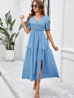 Maxi Jurk met V-hals en Puff Mouwen - Maxi Dresses - Jurkjes.co