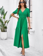 Maxi Jurk met V-hals en Puff Mouwen - Maxi Dresses - Jurkjes.co