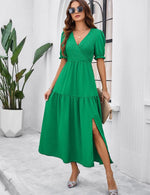 Maxi Jurk met V-hals en Puff Mouwen - Maxi Dresses - Jurkjes.co