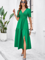Maxi Jurk met V-hals en Puff Mouwen - Maxi Dresses - Jurkjes.co