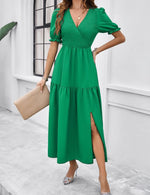 Maxi Jurk met V-hals en Puff Mouwen - Maxi Dresses - Jurkjes.co