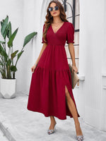 Maxi Jurk met V-hals en Puff Mouwen - Maxi Dresses - Jurkjes.co