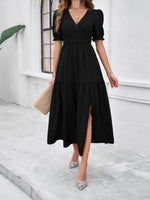 Maxi Jurk met V-hals en Puff Mouwen - Maxi Dresses - Jurkjes.co