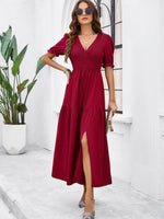 Maxi Jurk met V-hals en Puff Mouwen - Maxi Dresses - Jurkjes.co
