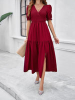 Maxi Jurk met V-hals en Puff Mouwen - Maxi Dresses - Jurkjes.co