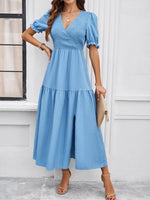 Maxi Jurk met V-hals en Puff Mouwen - Maxi Dresses - Jurkjes.co