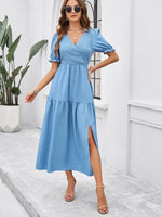 Maxi Jurk met V-hals en Puff Mouwen - Maxi Dresses - Jurkjes.co
