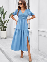 Maxi Jurk met V-hals en Puff Mouwen - Maxi Dresses - Jurkjes.co