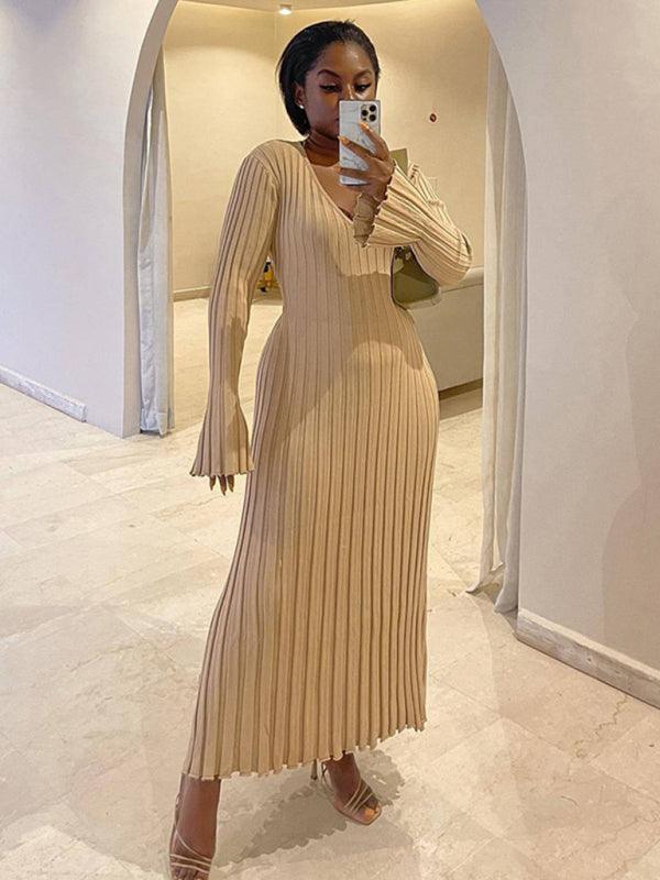 Maxi Jurk met V-hals en Ribbelstructuur - Maxi Dresses - Jurkjes.co