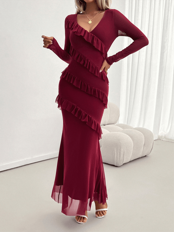 Maxi Jurk met V-hals en Ruches - Maxi Dresses - Jurkjes.co