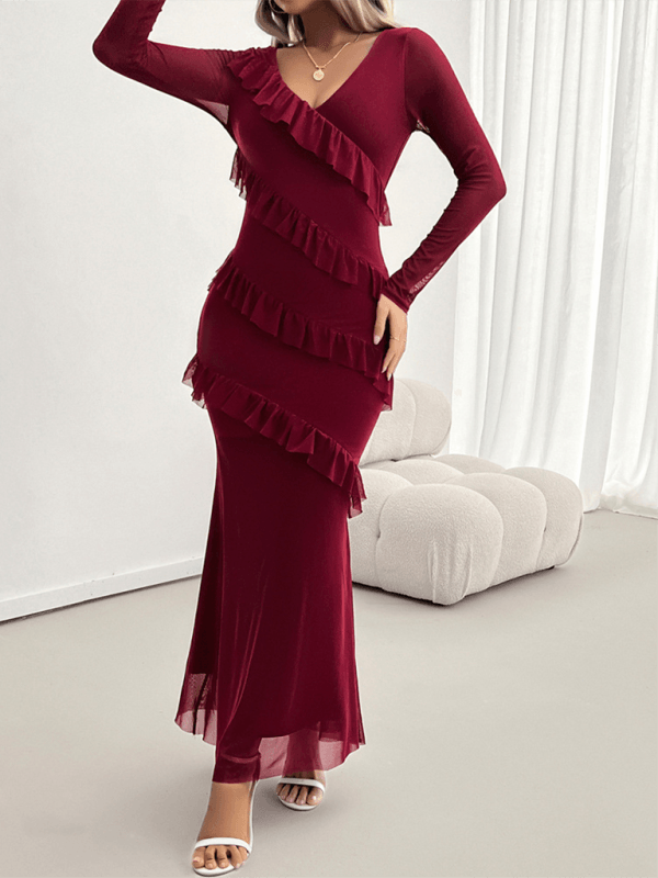 Maxi Jurk met V-hals en Ruches - Maxi Dresses - Jurkjes.co