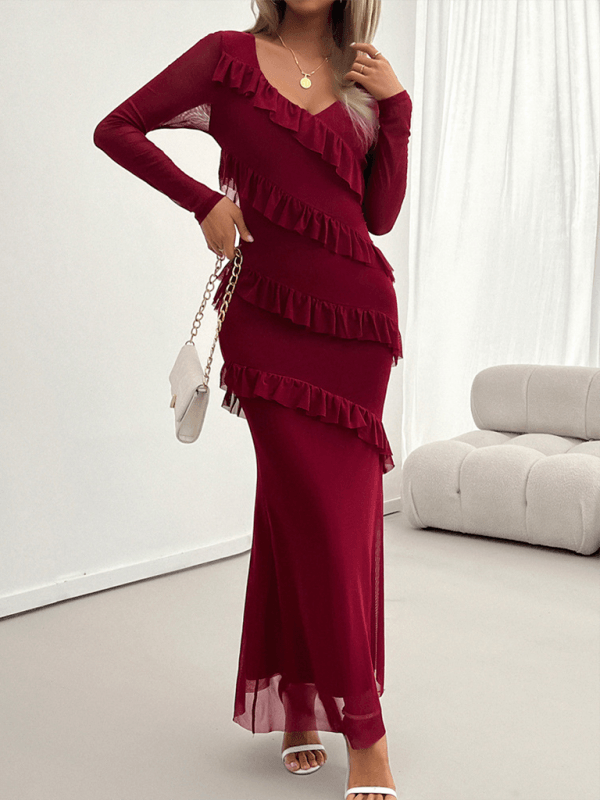 Maxi Jurk met V-hals en Ruches - Maxi Dresses - Jurkjes.co