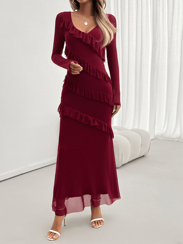Maxi Jurk met V-hals en Ruches - Maxi Dresses - Jurkjes.co