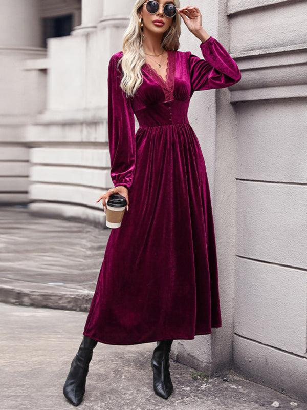 Maxi Jurk met V-hals en Velvet Look - Maxi Dresses - Jurkjes.co