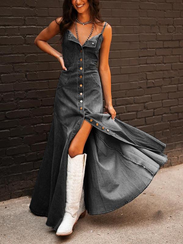 Maxi Jurk met Verweerd Denim en Knopen - Maxi Dresses - Jurkjes.co