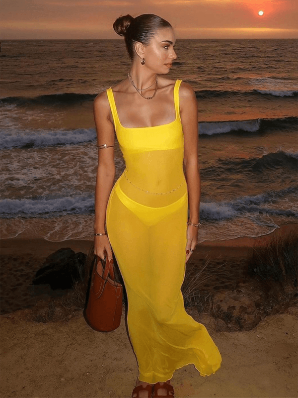 Maxi Jurk met Vierkante Hals en Mesh - Group6 - Jurkjes.co