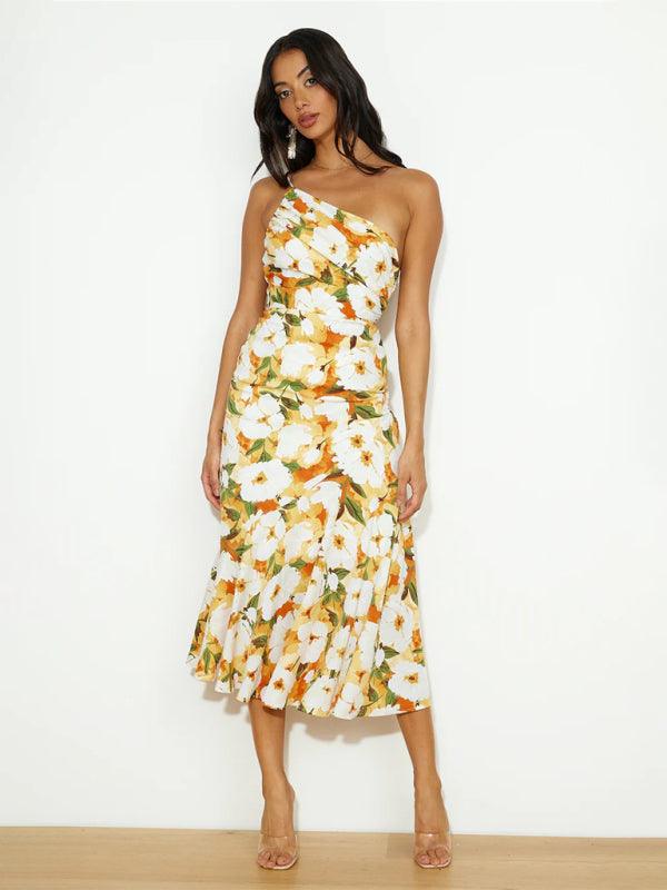 Midi Jurk met Asymmetrische Hals en Bloemenprint - Midi Dresses - Jurkjes.co