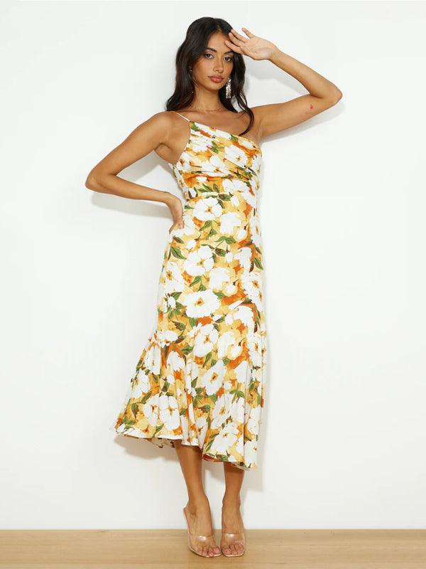 Midi Jurk met Asymmetrische Hals en Bloemenprint - Midi Dresses - Jurkjes.co