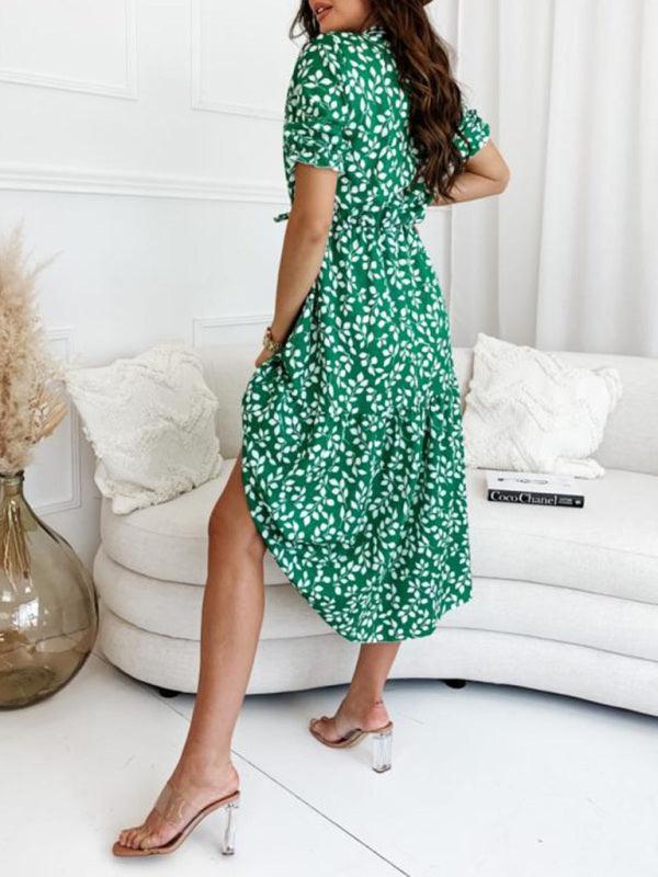 Midi Jurk met Bladerenprint en Korte Mouwen - Midi Dresses - Jurkjes.co