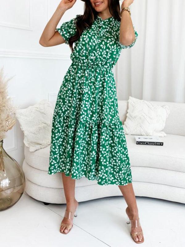 Midi Jurk met Bladerenprint en Korte Mouwen - Midi Dresses - Jurkjes.co