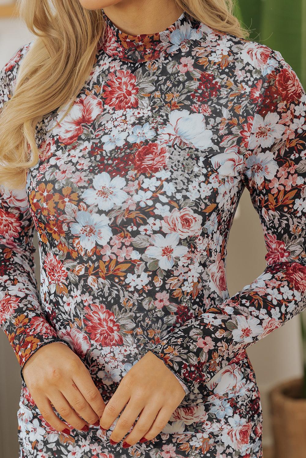 Midi Jurk met Bloemenprint en Mock Neck - Floral Dresses - Jurkjes.co
