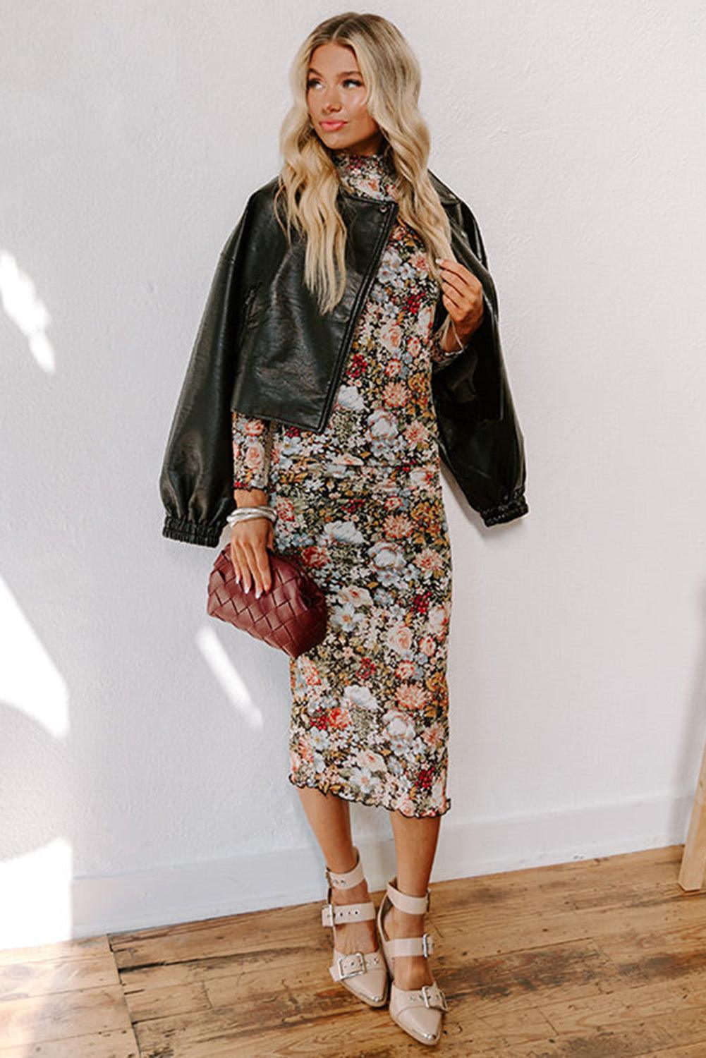 Midi Jurk met Bloemenprint en Mock Neck - Floral Dresses - Jurkjes.co