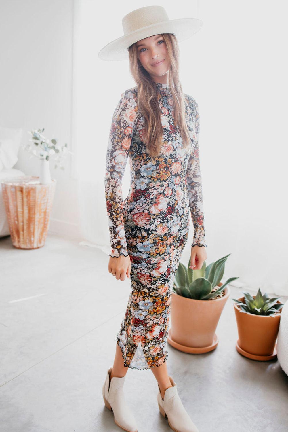 Midi Jurk met Bloemenprint en Mock Neck - Floral Dresses - Jurkjes.co