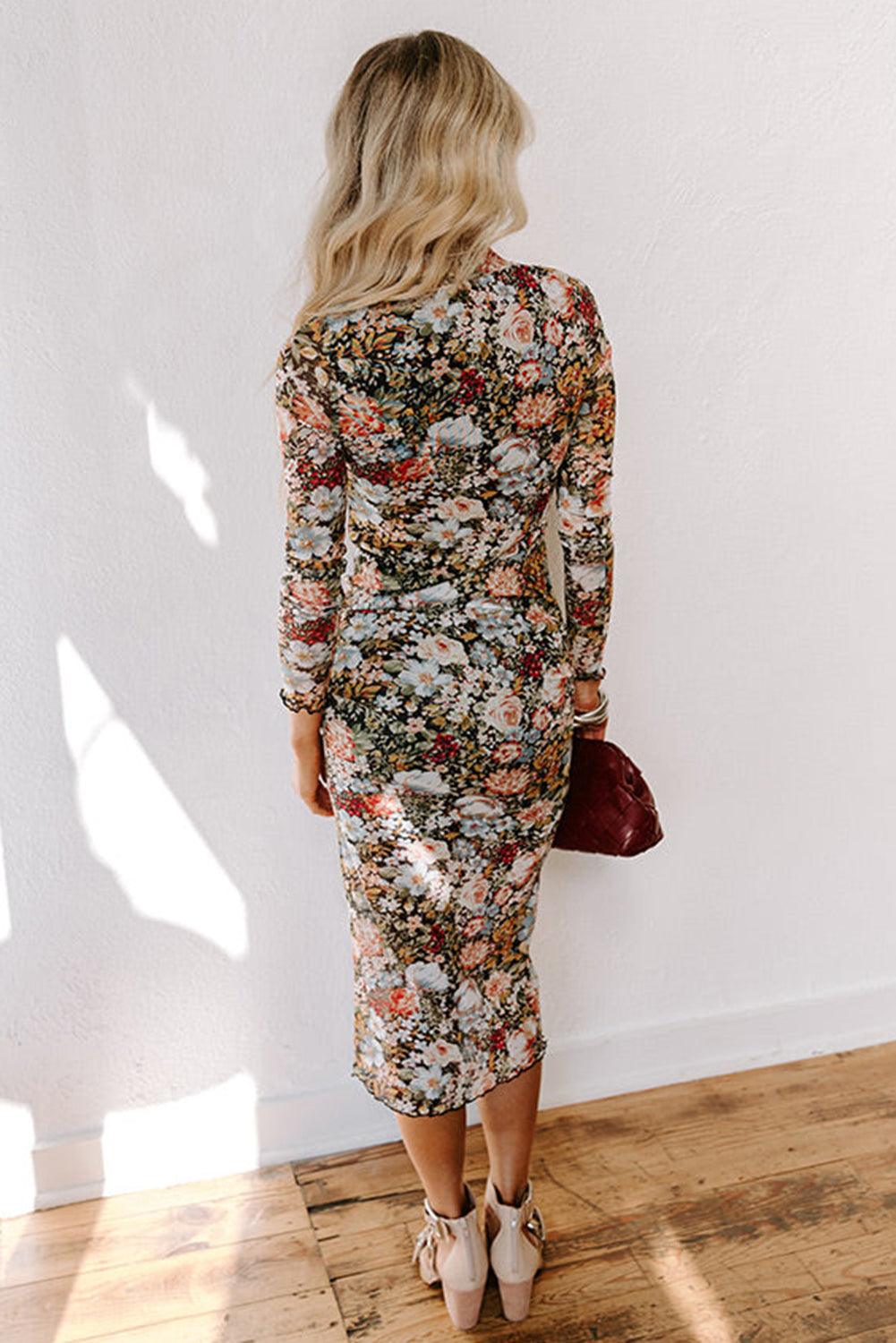 Midi Jurk met Bloemenprint en Mock Neck - Floral Dresses - Jurkjes.co