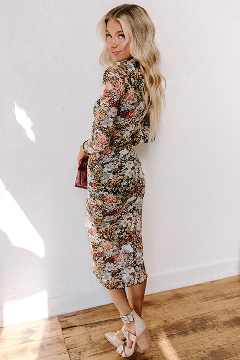 Midi Jurk met Bloemenprint en Mock Neck - Floral Dresses - Jurkjes.co