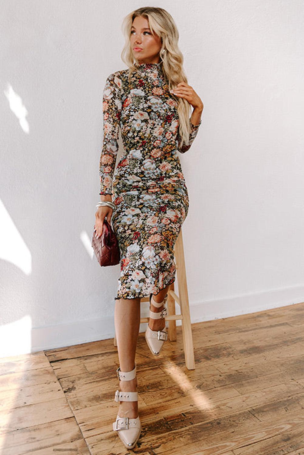 Midi Jurk met Bloemenprint en Mock Neck - Floral Dresses - Jurkjes.co