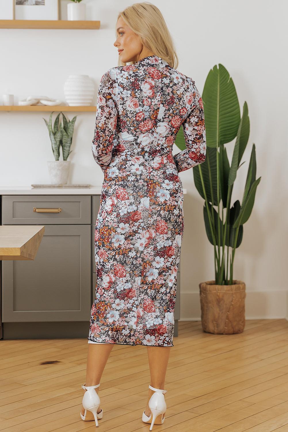 Midi Jurk met Bloemenprint en Mock Neck - Floral Dresses - Jurkjes.co