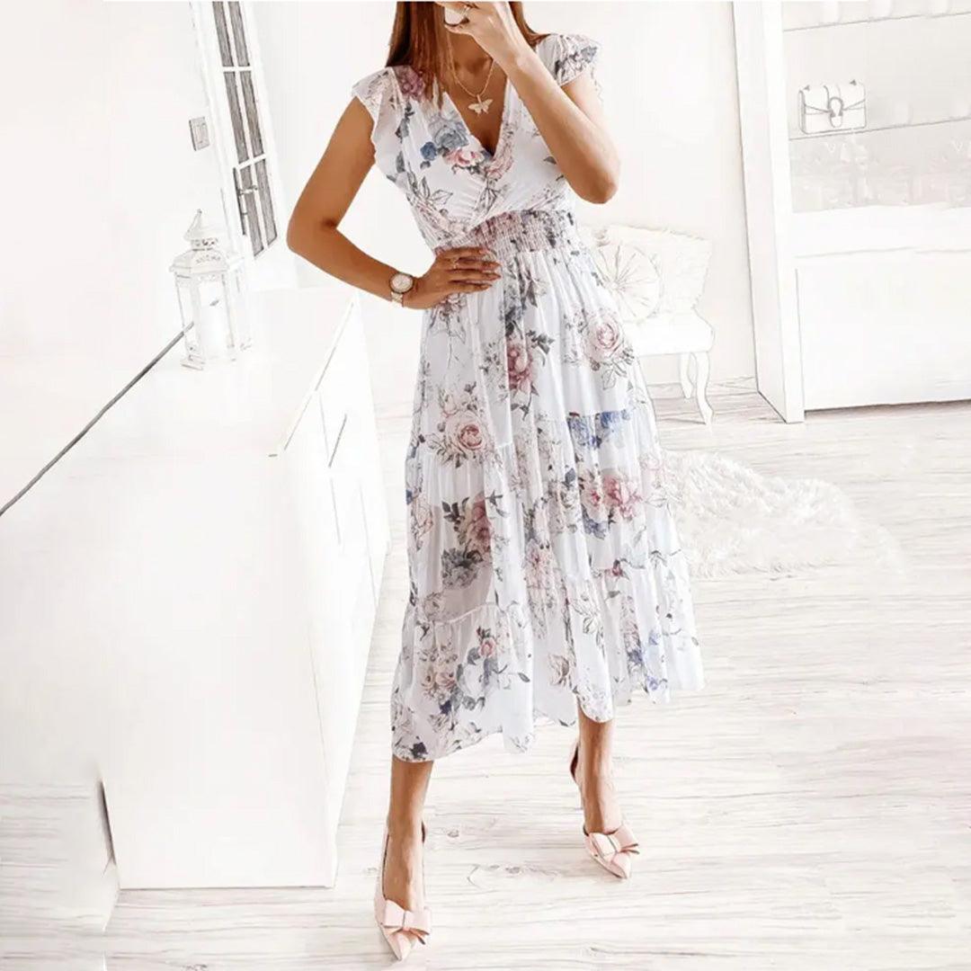 Midi Jurk met Bloemenprint en Plooien - Dresses - Jurkjes.co