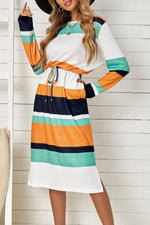 Midi Jurk met Blokprint en Trekkoord Taille - Midi Dresses - Jurkjes.co