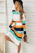 Midi Jurk met Blokprint en Trekkoord Taille - Midi Dresses - Jurkjes.co