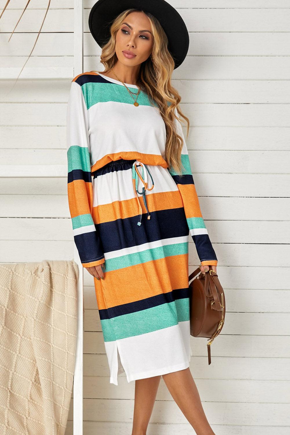 Midi Jurk met Blokprint en Trekkoord Taille - Midi Dresses - Jurkjes.co