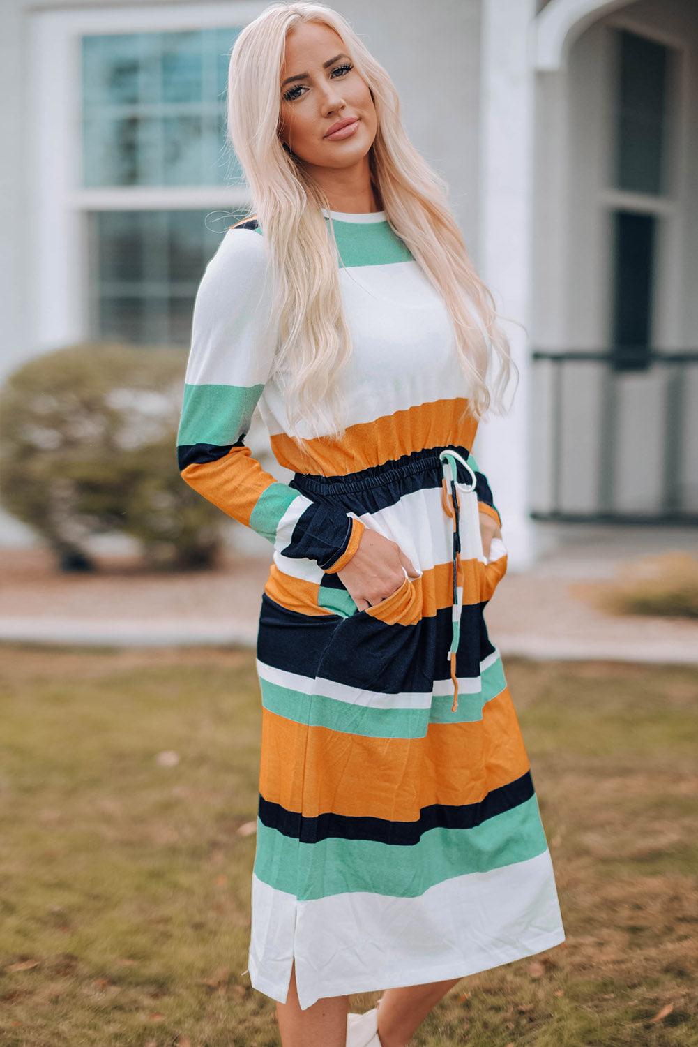 Midi Jurk met Blokprint en Trekkoord Taille - Midi Dresses - Jurkjes.co