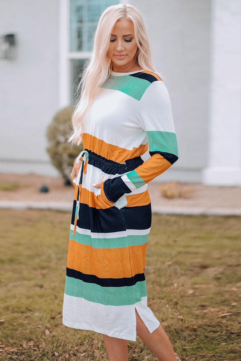 Midi Jurk met Blokprint en Trekkoord Taille - Midi Dresses - Jurkjes.co